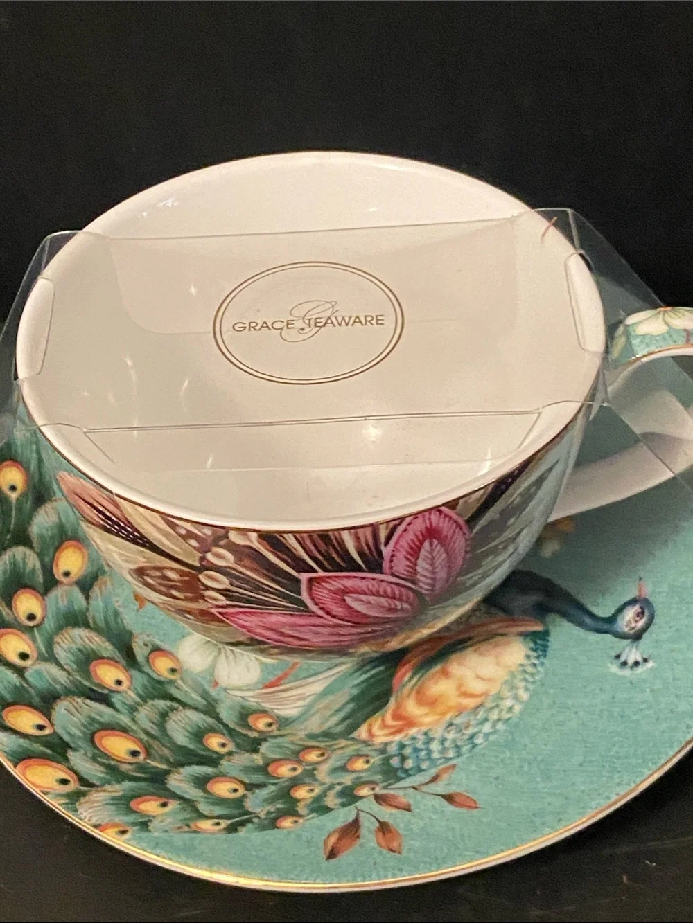 Grace Teaware Peacock Teacup and Saucer Set - Turquoise and Pink NEW